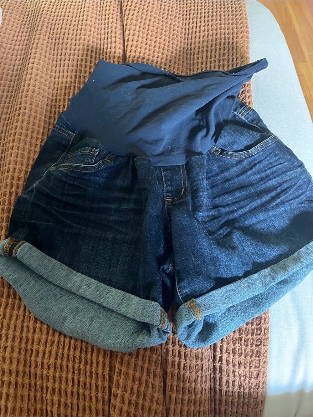 Maternity Dark Blue Denim Shorts with Black Waistband